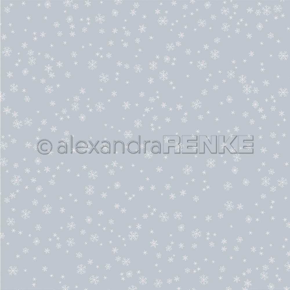 Hellgraues Designpapier mit einem sich wiederholenden weißen Schneeflockenmuster und dem Alexandra-Renke-Logo.