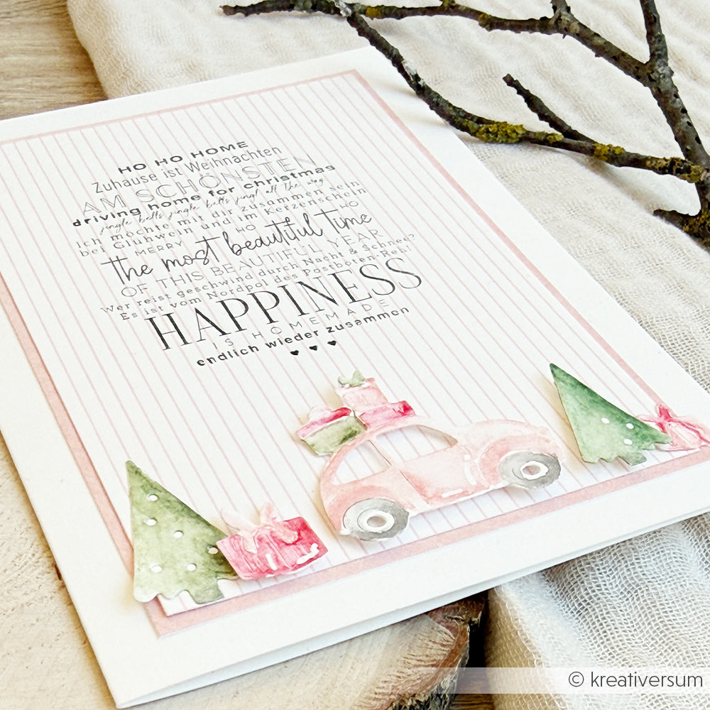 Aquarellrosa Auto mit Geschenken und Bäumen auf Designpapier Zarte Streifen Rosa.
