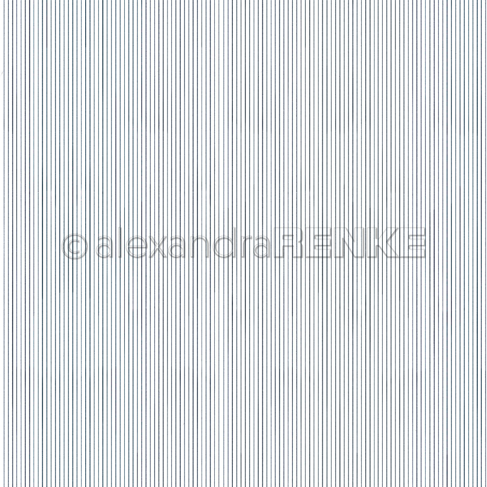 Muster aus dünnen vertikalen schwarzen Linien auf weißem „Zarte Streifen“-Designpapier mit einem „alexandraRENKE“-Wasserzeichen.