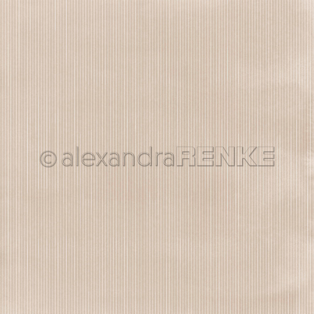 Hellbeiges Designpapier mit feinen weißen Längsstreifen und einem Alexandra-Renke-Wasserzeichen.