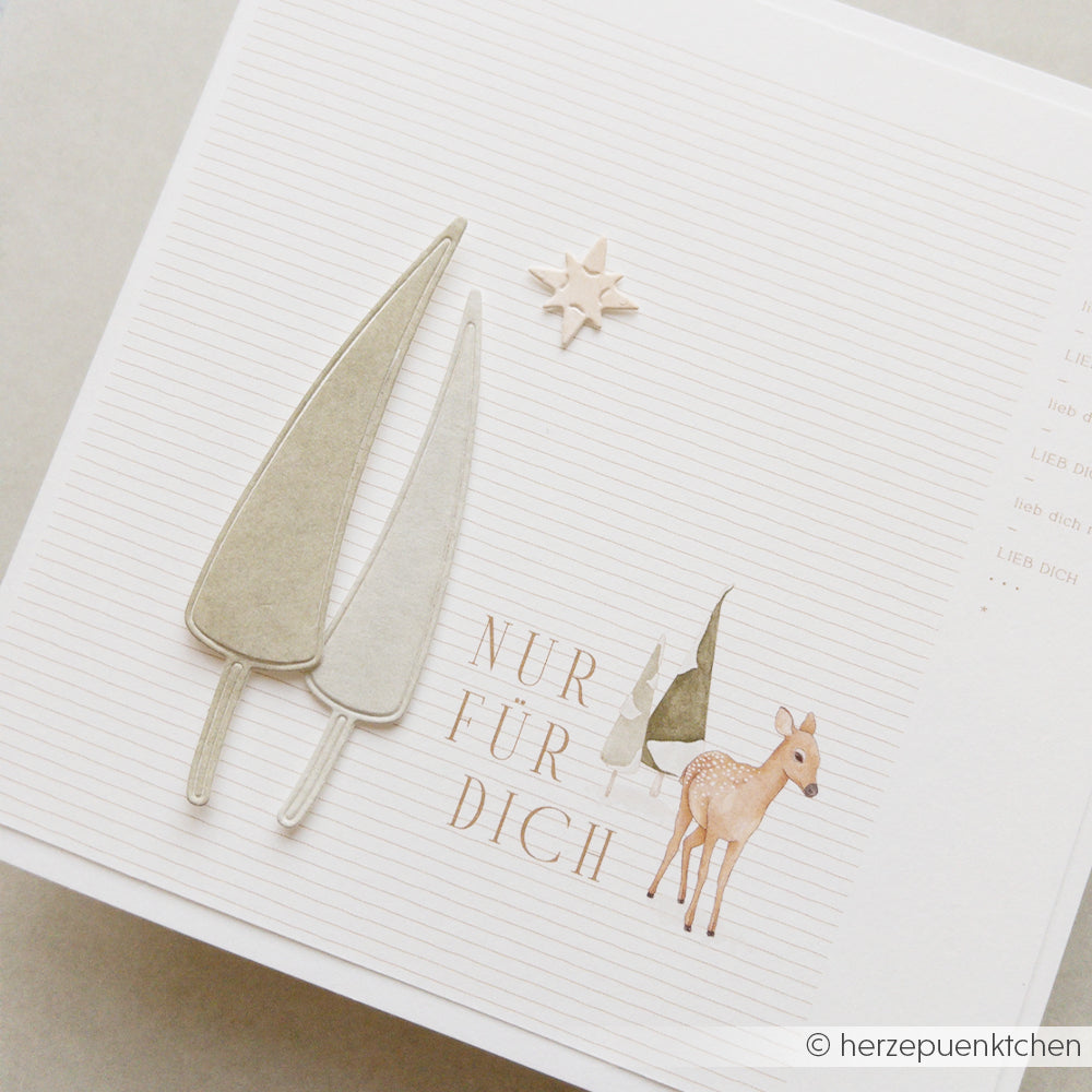 Eine Karte von Mimi Aschgrün mit einem Rehkitz, zwei Bäumen, einem Stern und dem deutschen Text NUR FÜR DICH.
