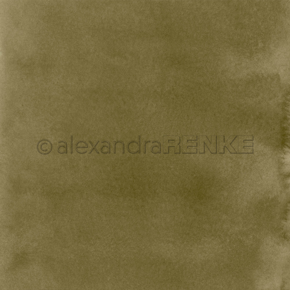 Olivgrünes Aquarell-Designpapier „Mimi Schattengrün“ mit einem dezenten AlexandraRENKE-Logo als Wasserzeichen.