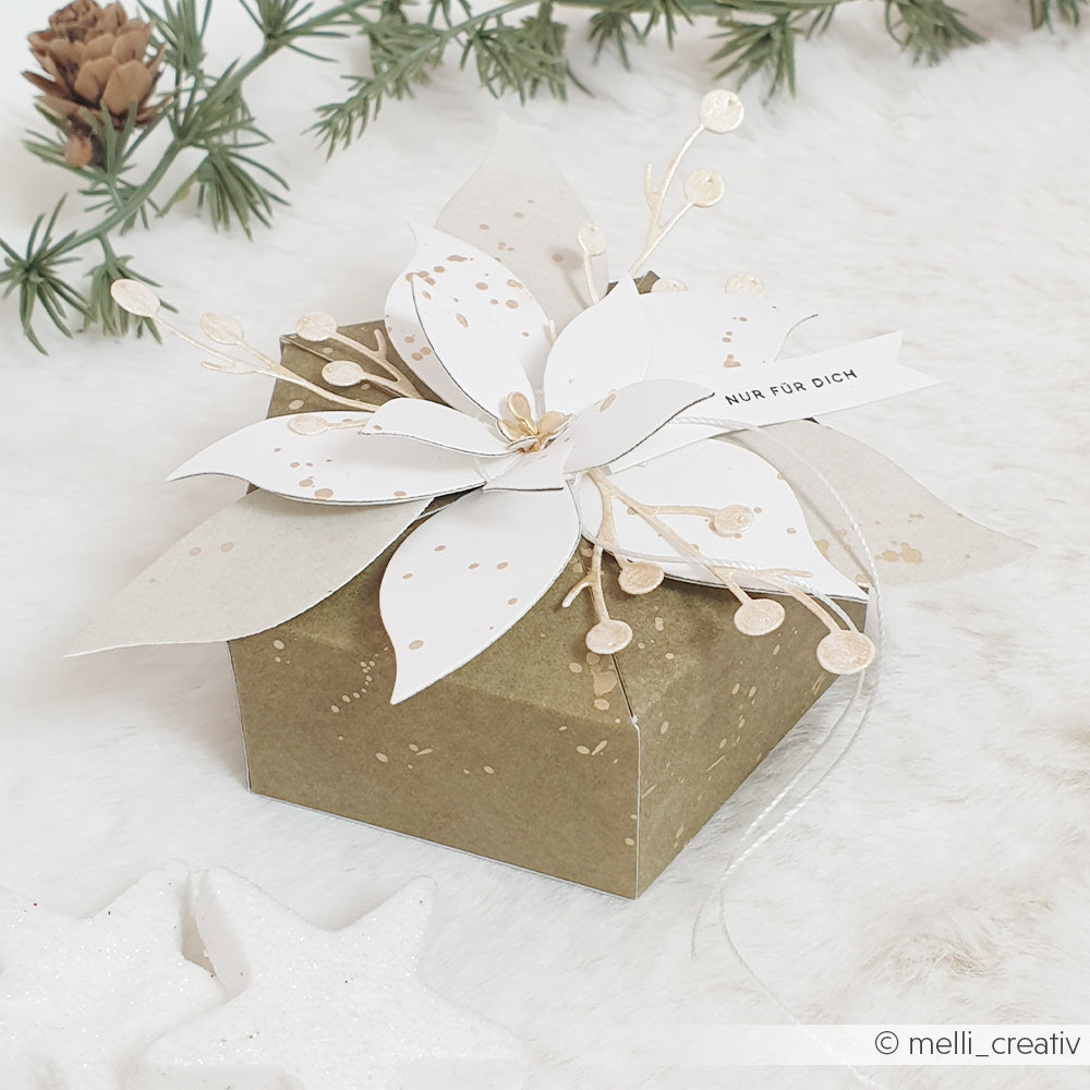 Eine kleine olivgrüne Geschenkbox für Papierprojekte mit einem Weihnachtsstern aus Papier und einem Anhänger mit der Aufschrift NUR FÜR DICH.