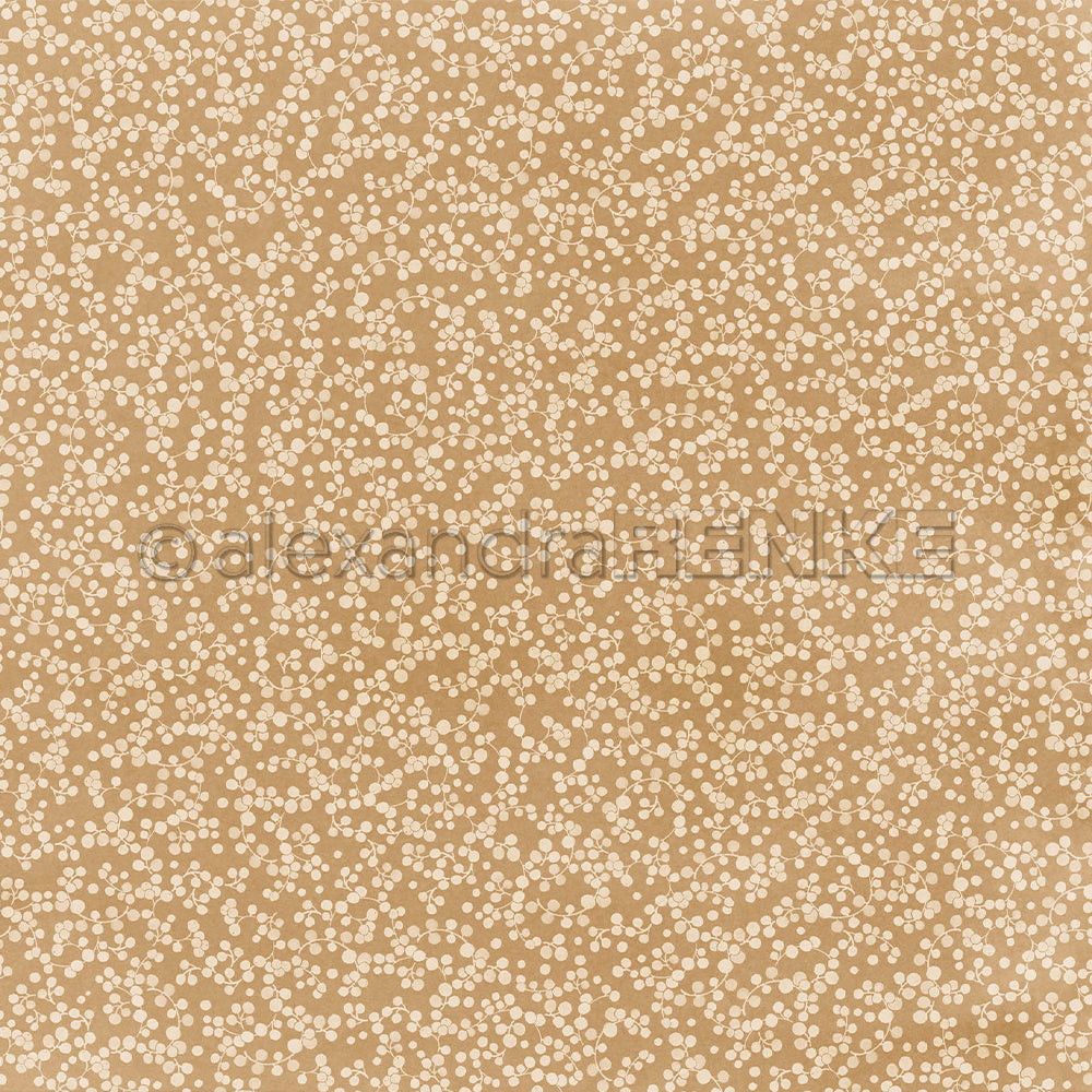 Beiges Designpapier mit einem kleinen weißen Blumenmuster und einem dezenten Wasserzeichen mit der Aufschrift „alexandrakNka“.