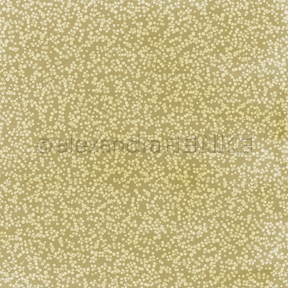 Olivgrüner Stoff mit einem kleinen, sich wiederholenden Muster aus weißen Ranken und Beeren, ideal für die Buchbinderei und verschiedene Papierprojekte.