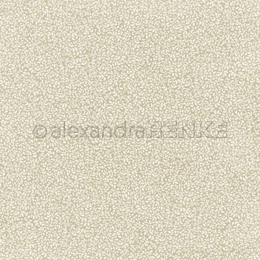 Ein Muster aus kleinen, hellen Blättern auf einem beigen Designpapier-Hintergrund mit dem Wasserzeichen „Alexandra Renke“.