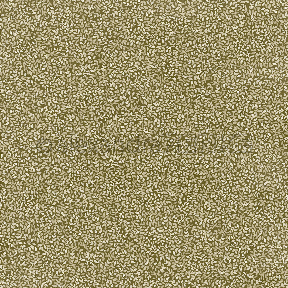 Ein sich wiederholendes Muster aus kleinen, hellen Blättern auf olivgrünem Hintergrund, ideal für Designpapier und Papierprojekte.