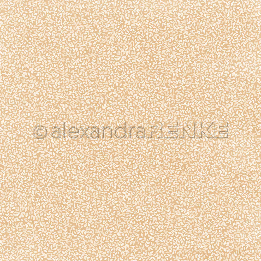 Ein sich wiederholendes Muster aus kleinen weißen Blättern auf einem beigen Designpapier-Hintergrund mit dem Wasserzeichen „Alexandra Renke“.
