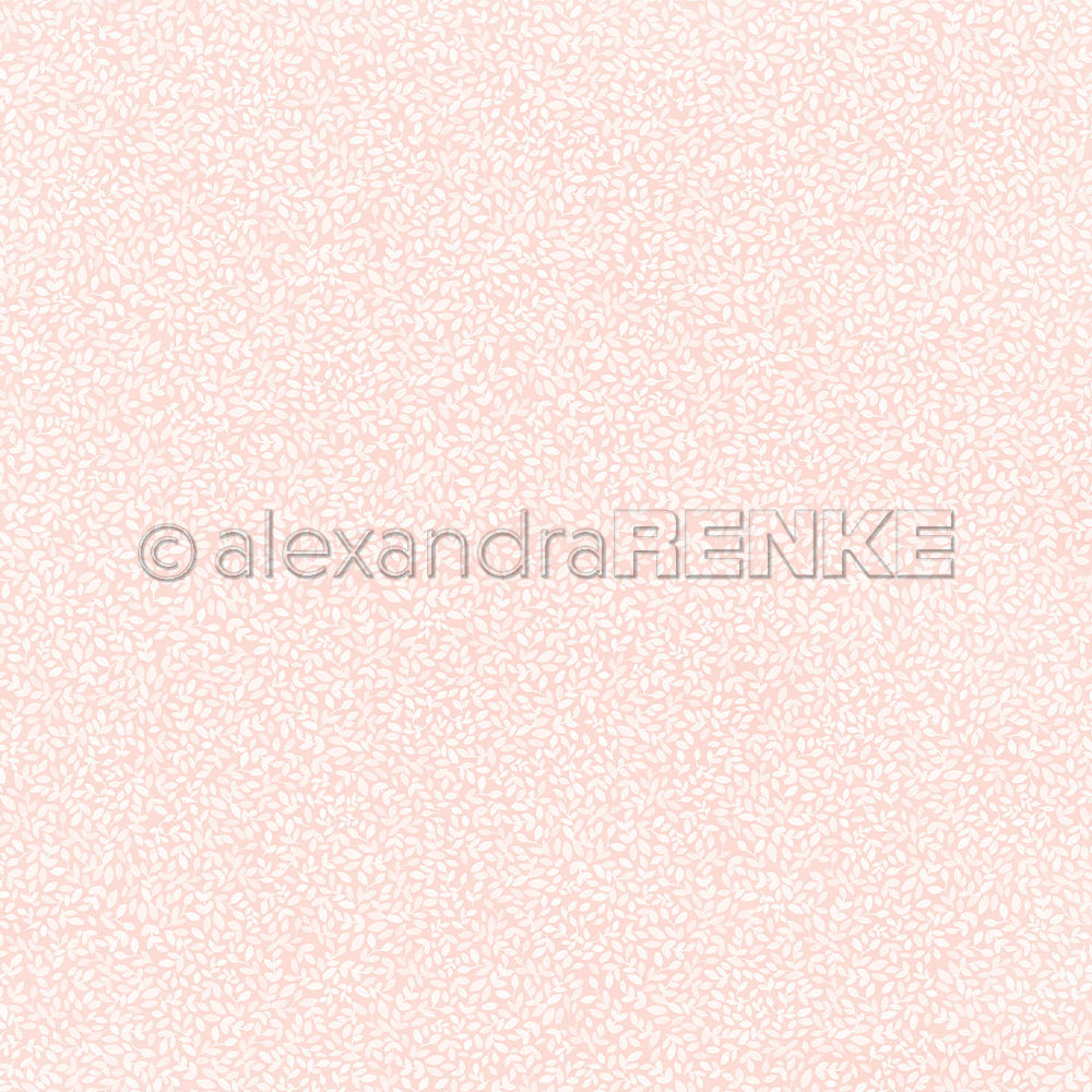 Hellrosa Designpapier mit einem kleinen Blattmuster und einem „alexandraRENKE“-Wasserzeichen, geeignet für Papierprojekte.