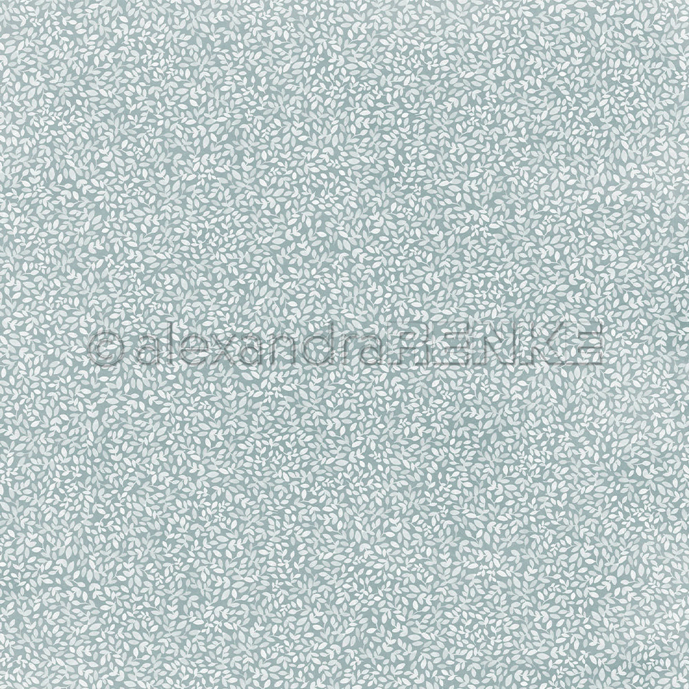 Blaugraues Designpapier mit einem kleinen, sich wiederholenden weißen Blattmuster.