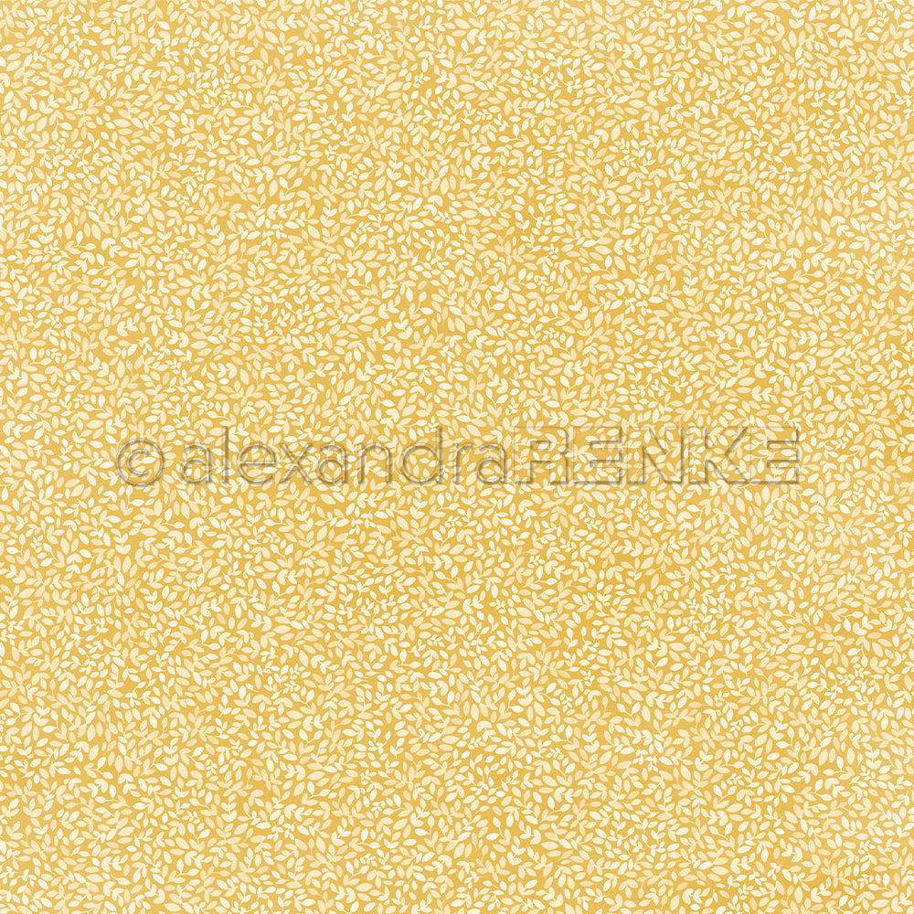 Senfgelbes Designpapier mit einem sich wiederholenden Muster aus kleinen weißen Blättern, geeignet für verschiedene Papierprojekte.
