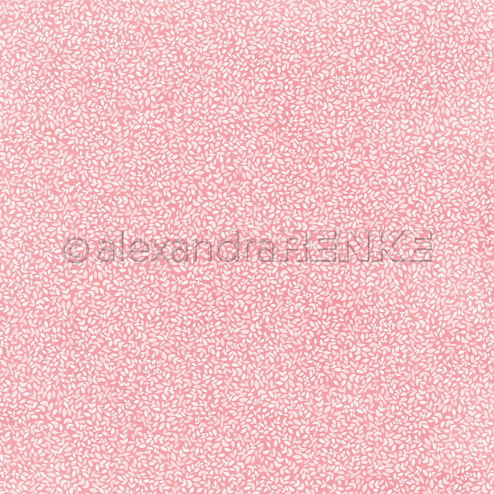 Rosa Designpapier mit einem sich wiederholenden Muster aus kleinen weißen Blättern und dem Text © alexandra RENKE.