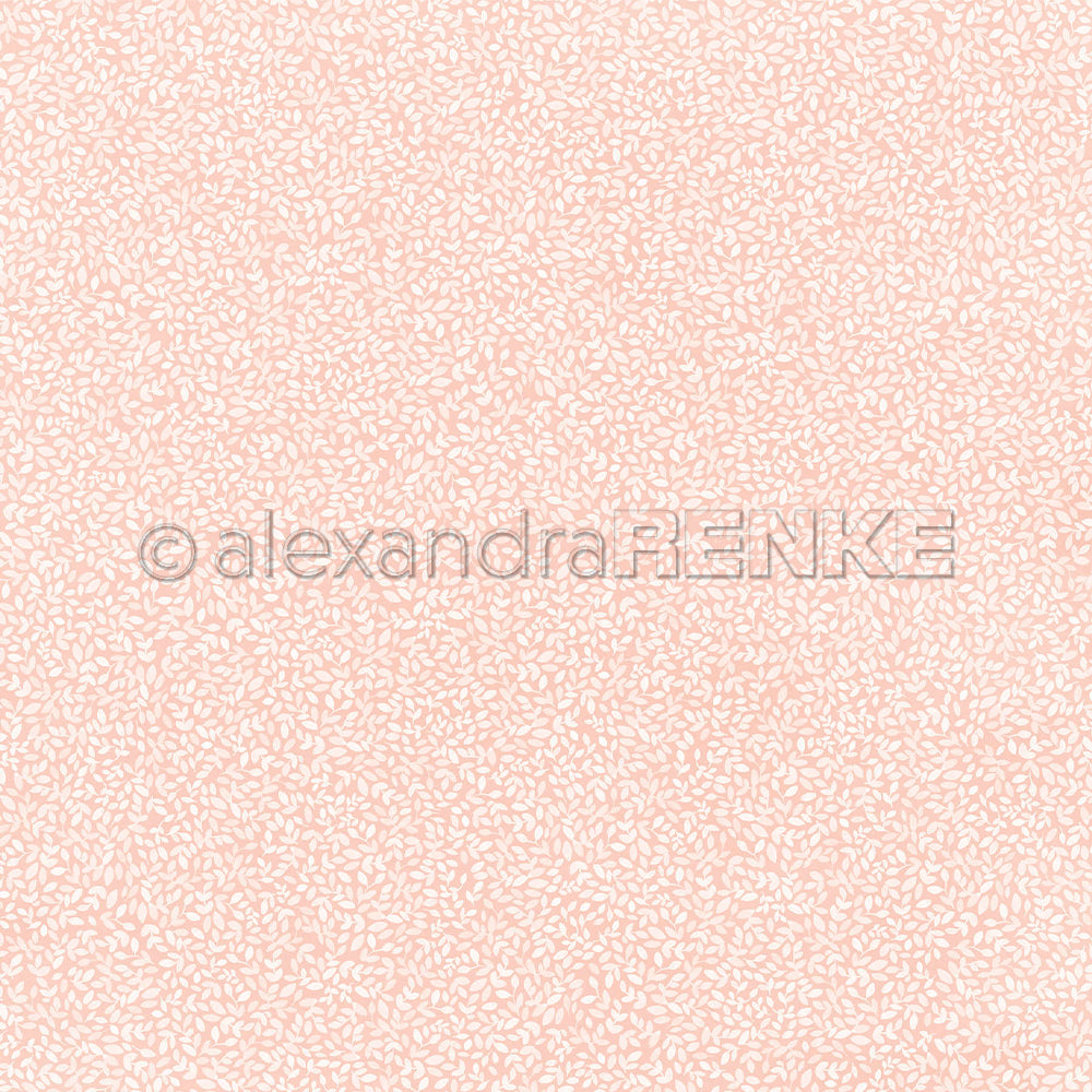 Hellrosa Designpapier mit einem sich wiederholenden Muster aus kleinen weißen Blättern und einem Wasserzeichen von alexandraRENKE.