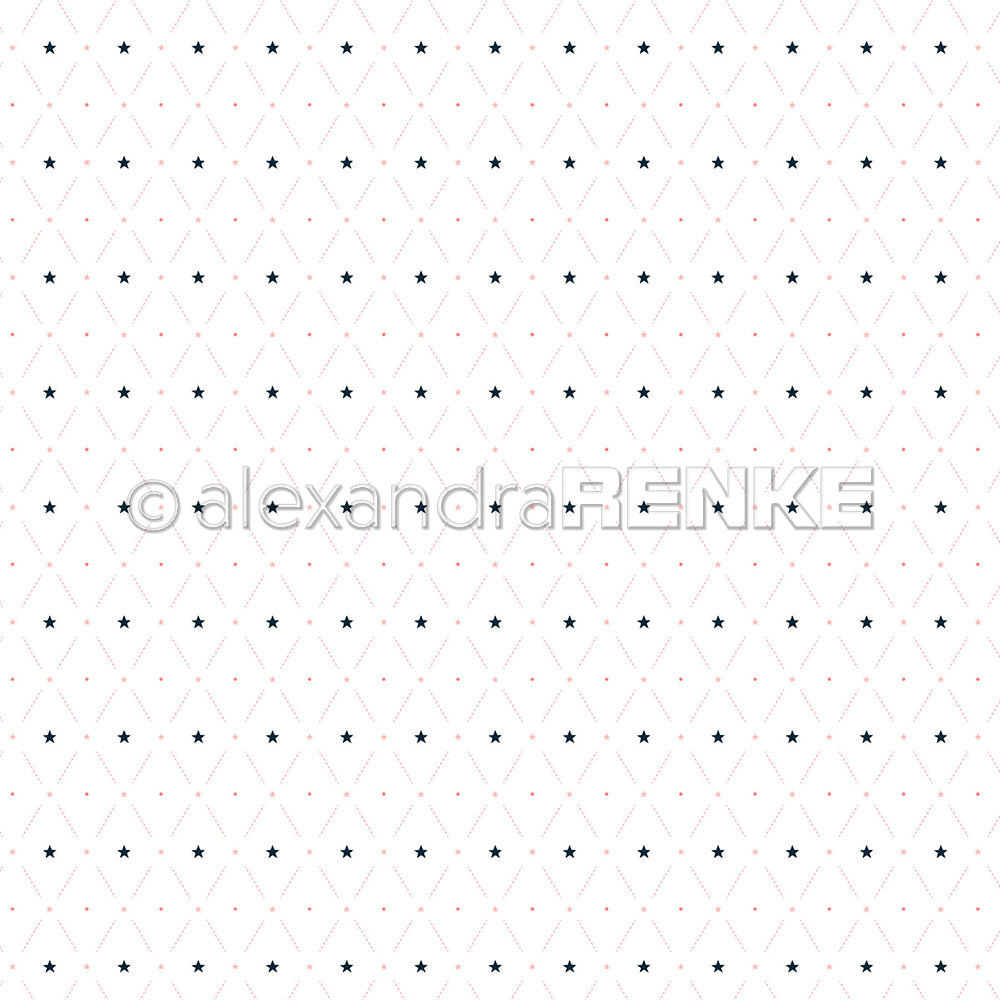 Muster aus kleinen Sternen und Punkten auf weißem Hintergrund mit dem Wasserzeichen „alexandraRENKE“ – ideal für Papierprojekte.