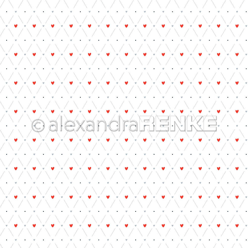 Ein Muster aus kleinen roten Herzen und Punkten auf einem gerasterten Hintergrund mit einem Rautenmuster aus Designpapier, überlagert vom alexandraRENKE-Logo in der Mitte.