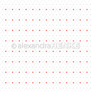 Ein Muster aus kleinen roten Herzen und Punkten auf einem gerasterten Hintergrund mit einem Rautenmuster aus Designpapier, überlagert vom alexandraRENKE-Logo in der Mitte.