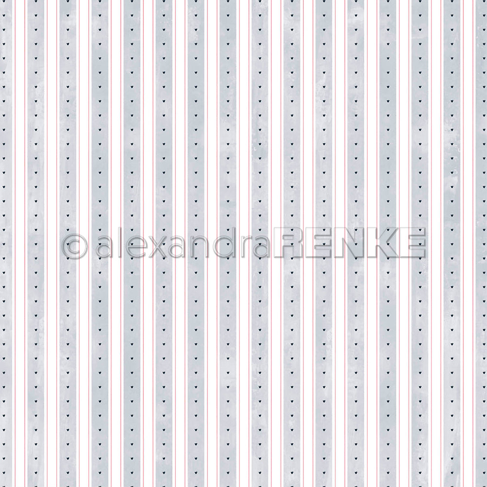 Muster aus vertikalen grauen Aquarell-Streifen und dünnen roten Linien mit winzigen schwarzen Herzen auf Designpapier in Denim-Optik.