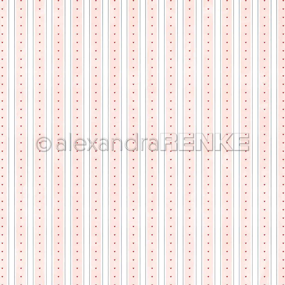 Muster aus rosa Aquarell-Streifen und winzigen roten Herzen mit einem alexandraRENKE-Wasserzeichen.