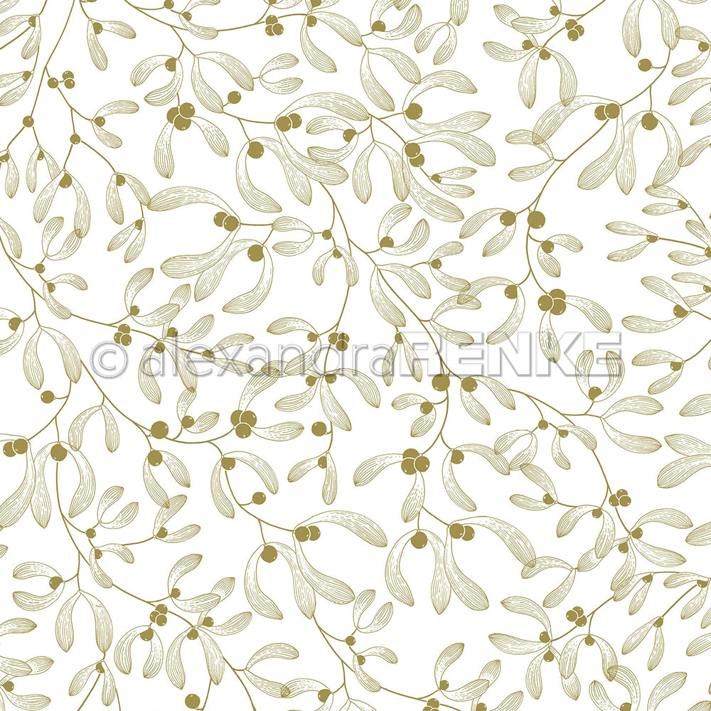 Muster aus goldenen, strichgezeichneten Mistelzweigen auf weißem Hintergrund, ideal für Designpapier.
