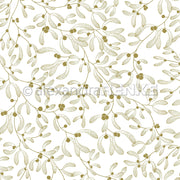 Muster aus goldenen, strichgezeichneten Mistelzweigen auf weißem Hintergrund, ideal für Designpapier.