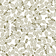 Muster aus dunkelgrünen Stechpalmenblättern und Beeren auf weißem Designpapier.