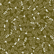 Ein sich wiederholendes Muster aus weißen Stechpalmenblättern und Beeren auf einem dunkelolivfarbenen Designpapier-Hintergrund.