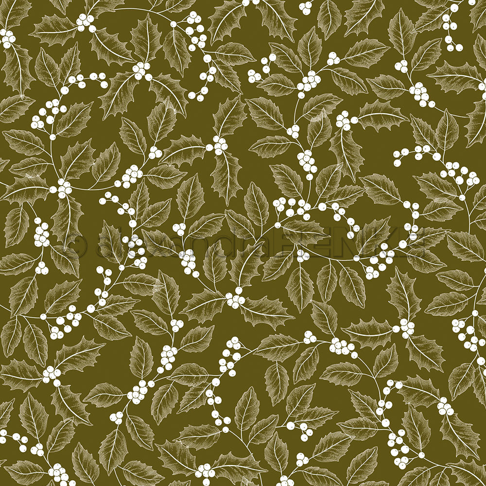 Ein sich wiederholendes Muster aus weißen Stechpalmenblättern und Beeren auf einem dunkelolivfarbenen Designpapier-Hintergrund.