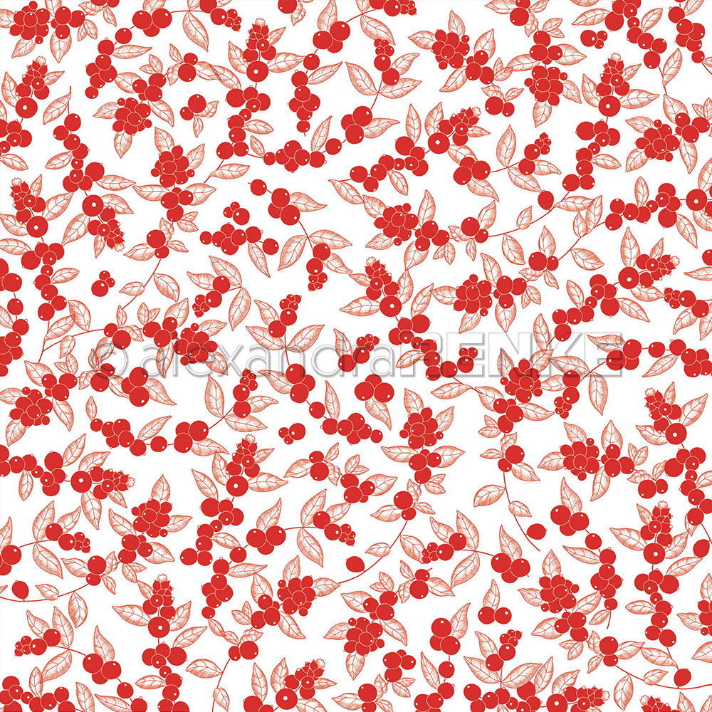 Ein sich wiederholendes Muster aus leuchtend roten Beeren und skizzierten Blättern auf weißem Hintergrund.