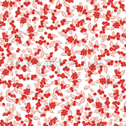 Ein sich wiederholendes Muster aus leuchtend roten Beeren und skizzierten Blättern auf weißem Hintergrund.
