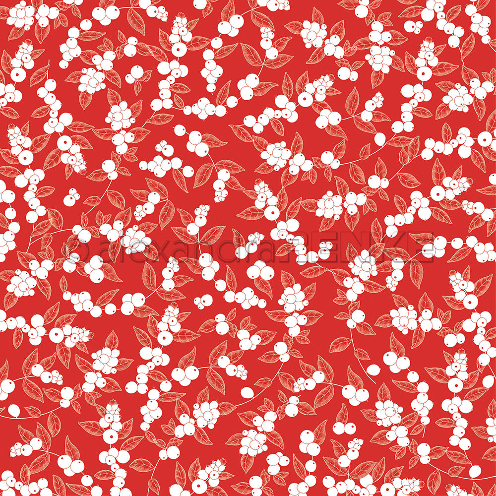 Roter Designpapier-Hintergrund mit einem sich wiederholenden Muster aus weißen Strauchbeeren und Blättern.