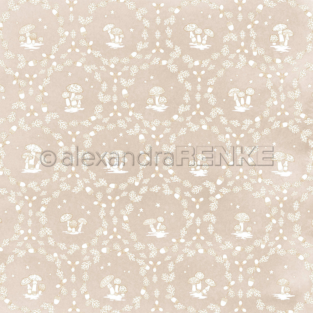 Designpapier von Alexandra Renke mit einem Wasserzeichen aus Strichzeichnungen einer Eichel, eines Eichenblatts und eines Pilzes – ideal für aufwendige Buchbindeprojekte.
