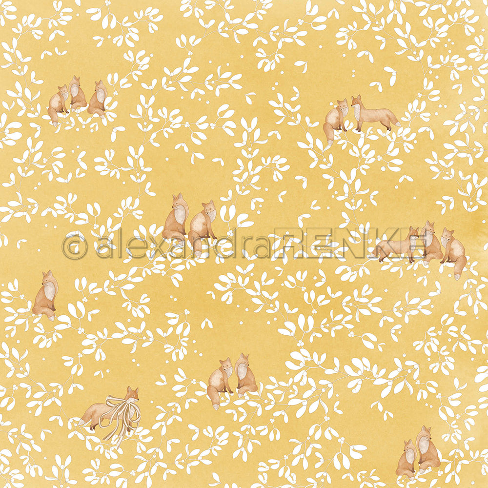 Designpapier mit einem Muster aus kleinen Füchsen und weißen Blättern auf gelbem Hintergrund, versehen mit dem Wasserzeichen „alexandraRENKE“.