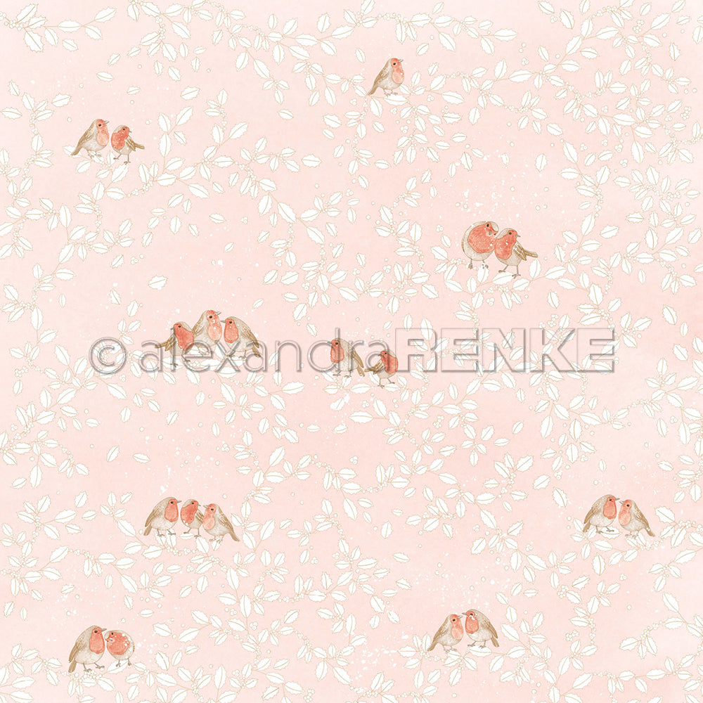 Motiv mit bunten Rotkehlchen auf hellrosa Designpapier mit weißen Blättern.