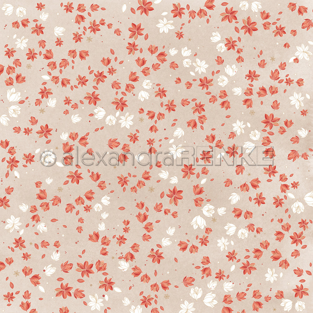 Beiger Hintergrund mit einem Amarylliswirbel-Muster aus kleinen roten und weißen Blüten.