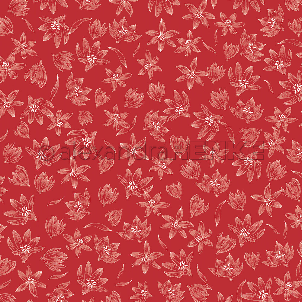 Hochwertiges Designpapier mit einem sich wiederholenden Muster aus weißen, als Strichzeichnung gestalteten Lilien.