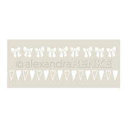 Eine Alexandra Renke Schablone mit Reihen von Schleifen und Herzen auf einem hellen Hintergrund, perfekt für Schablonen Papierprojekte oder als Stencil Musterstreifen. Ideal zum Basteln von charmanten, wiederverwendbaren Schablonen.