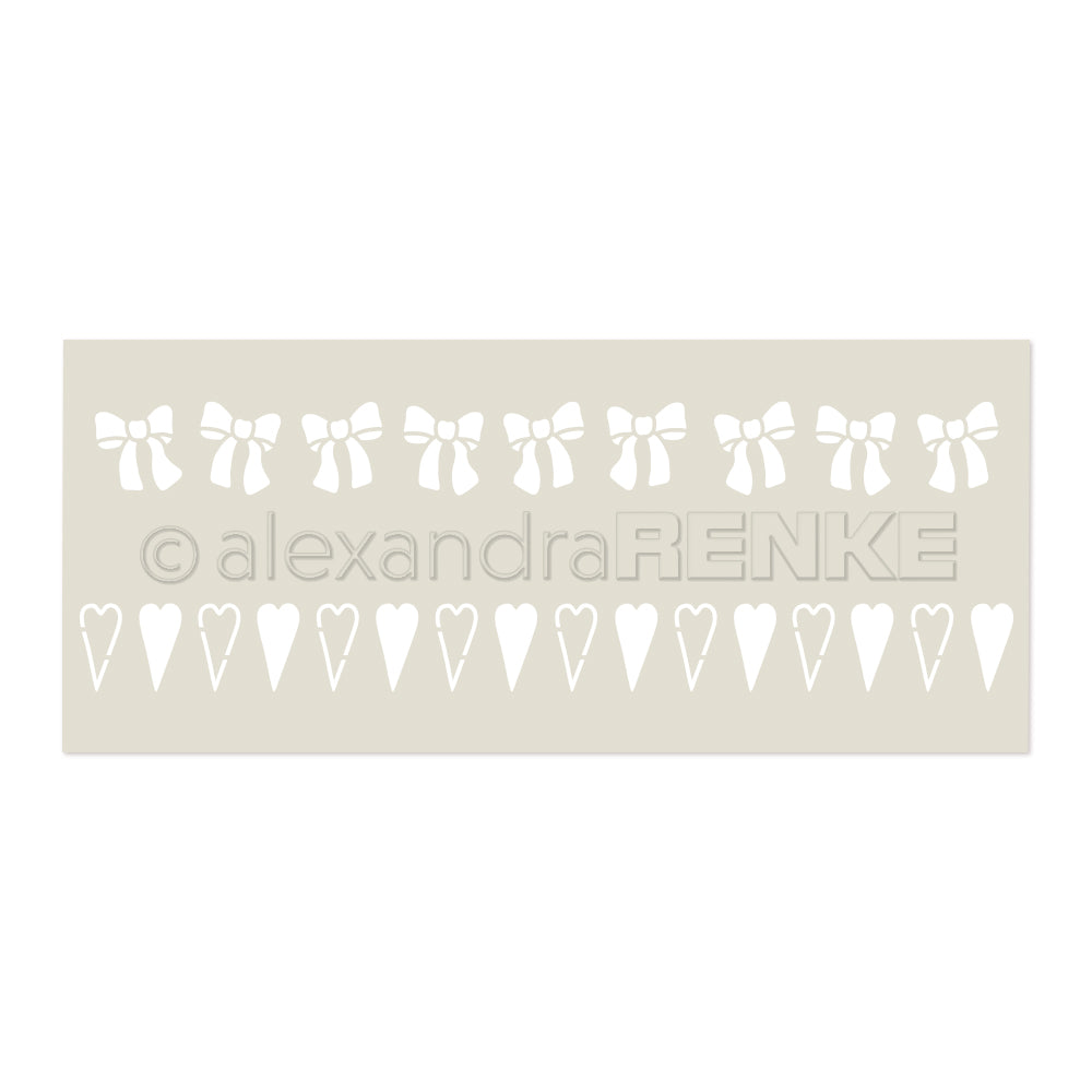 Eine Alexandra Renke Schablone mit Reihen von Schleifen und Herzen auf einem hellen Hintergrund, perfekt für Schablonen Papierprojekte oder als Stencil Musterstreifen. Ideal zum Basteln von charmanten, wiederverwendbaren Schablonen.