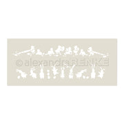 Die Schablone von Alexandra Renke zeigt verspielte Hasen in verschiedenen Posen mit Bällen auf einem beigen Hintergrund - ideal für Papierprojekte oder als Musterstreifen-Schablone.