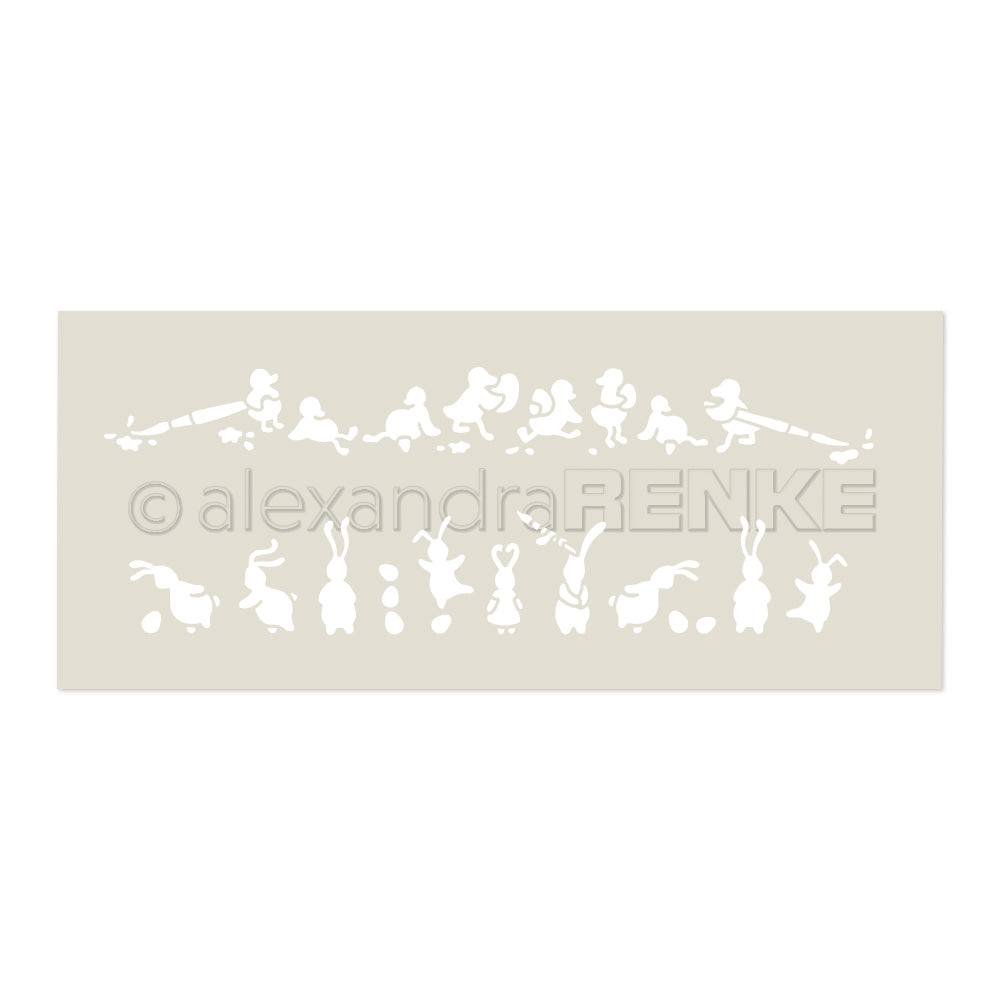 Die Schablone von Alexandra Renke zeigt verspielte Hasen in verschiedenen Posen mit Bällen auf einem beigen Hintergrund - ideal für Papierprojekte oder als Musterstreifen-Schablone.