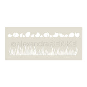 Die Alexandra Renke Schablone zeigt gebrochene Eierschalen und Gras-Silhouetten auf hellem Beige, ideal für Schablone Papierprojekte oder als wiederverwendbare Schablone für kreative Bastelarbeiten.