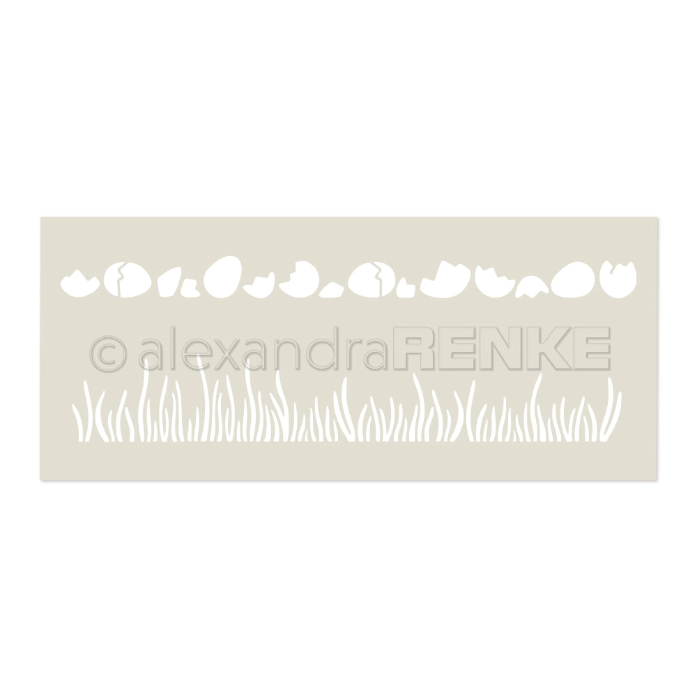 Die Alexandra Renke Schablone zeigt gebrochene Eierschalen und Gras-Silhouetten auf hellem Beige, ideal für Schablone Papierprojekte oder als wiederverwendbare Schablone für kreative Bastelarbeiten.