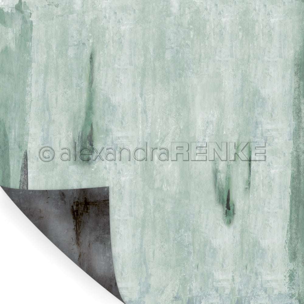 Abstrakter mintgrüner, strukturierter Hintergrund mit einer gewellten Ecke, die eine dunkelgraue Schicht darunter offenbart - perfekt für Grußkarten oder kreative Designpapier-Projekte von Alexandra Renke.