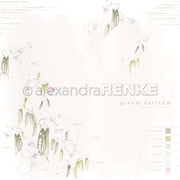 Zarte botanische Illustration von Erbsenpflanzen mit beschrifteten Teilen und weichen rosa und grünen Akzenten auf einem hellen Hintergrund - perfekt für Karten oder Papierprojekte von Alexandra Renke.