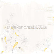 Zarte Strichgrafik von Kürbispflanzen mit gelben Blüten auf hellem Hintergrund von Alexandra Renke - ideales Designpapier für Grußkarten oder Papierprojekte, mit dezenten Textelementen.