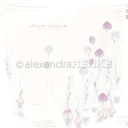 Botanische Illustration von Allium sativum mit Zwiebeln und violetten Blüten auf hellem Hintergrund, beschriftet mit zartem Text - perfekt für Papierprojekte oder Buchbinderei von Alexandra Renke, die Ihren Designpapier-Kreationen eine zarte Note verleiht.