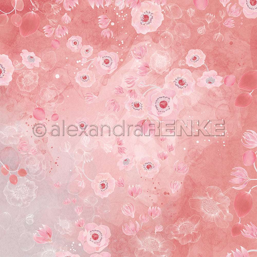 Zarte rosa und weiße Aquarellblumen schmücken einen strukturierten rosa Hintergrund von Alexandra Renke mit zarten Details - perfekt für Papierprojekte oder Buchbinderei.