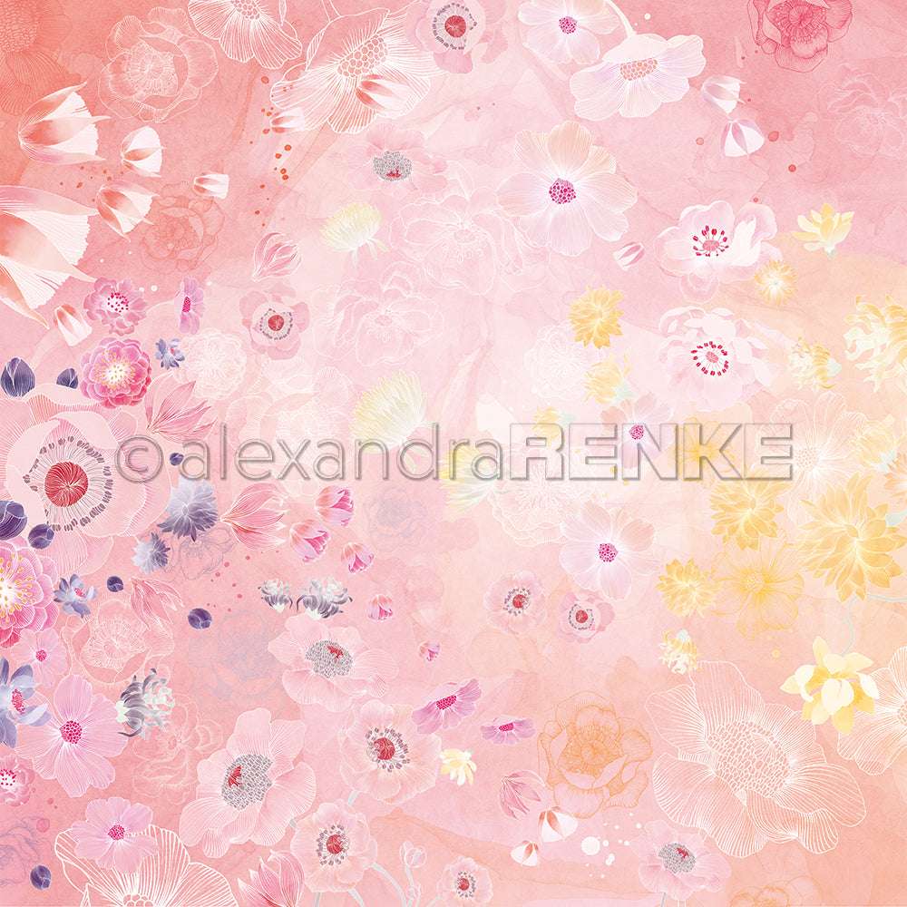 Zarte Pastellblumen in Rosa, Gelb und Violett blühen auf einem zarten Designpapier im Aquarellstil von Alexandra Renke - perfekt für Papierprojekte oder Buchbinderei-Kreationen.
