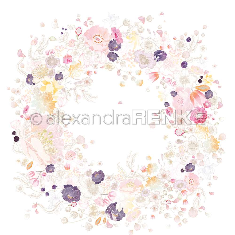 Ein zarter Blumenkranz mit pastellrosa, gelben und lilafarbenen Blüten auf Weiß - dieses Designpapier von Alexandra Renke ist perfekt für Papierprojekte wie Grußkarten.