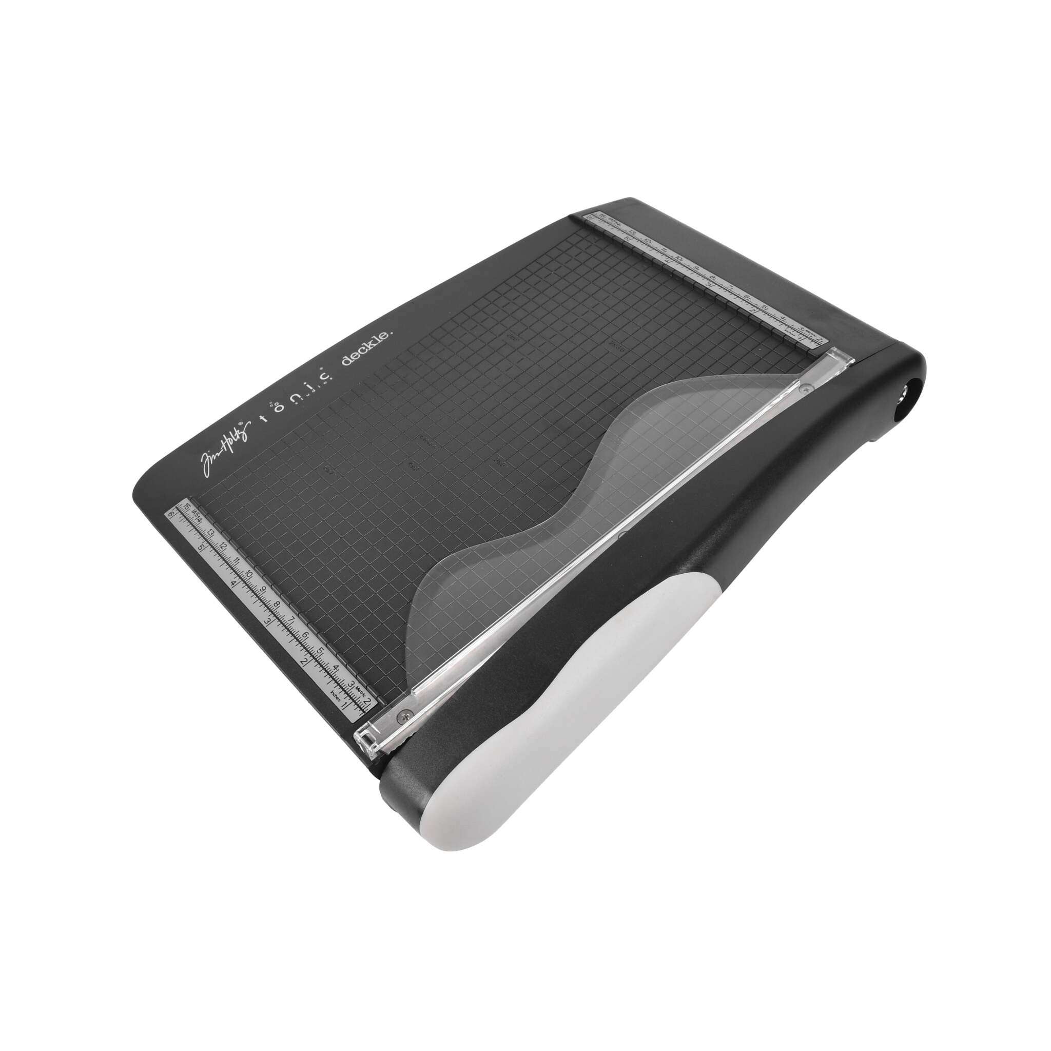 Schwarzer und grauer Tonic Studios Papiertrimmer mit Gitteroberfläche und klarem Schneidearm, perfekt für Bastler, die präzise Schnitte benötigen, abgebildet auf weißem Hintergrund.