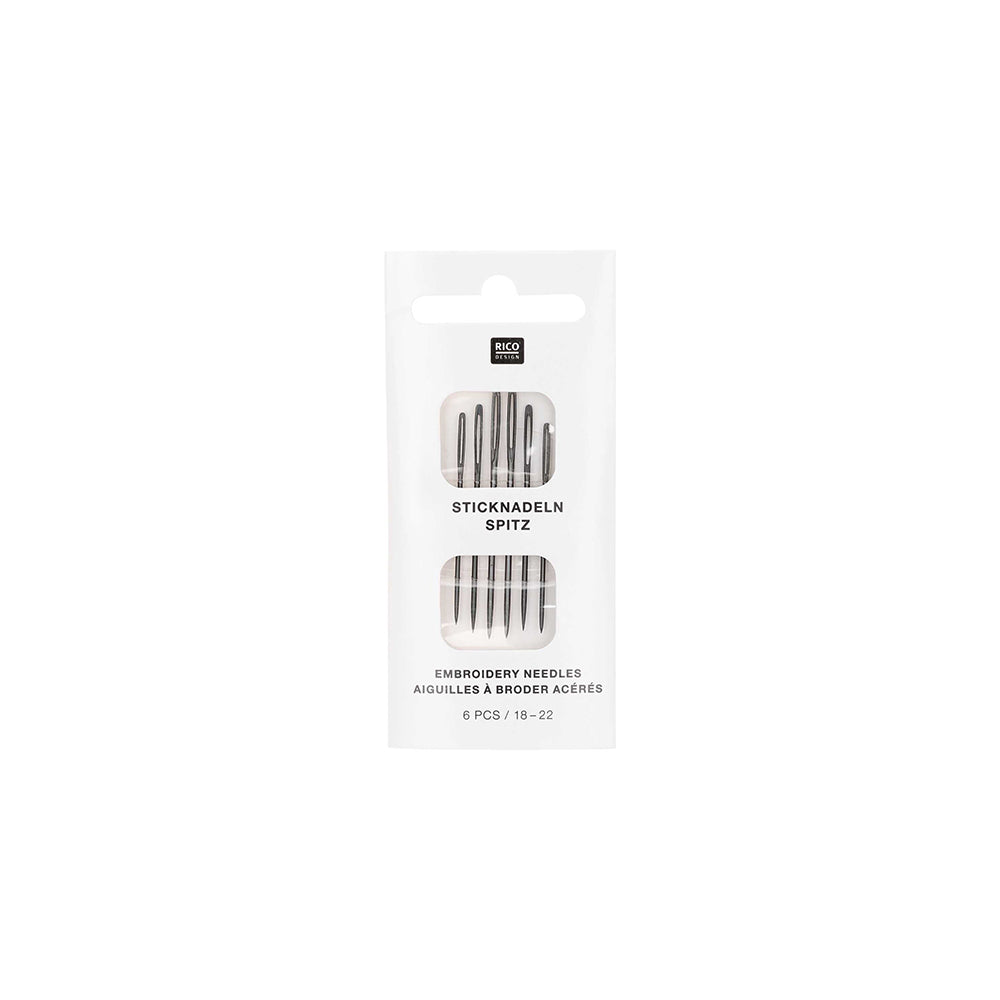 Eine Packung mit sechs sortierten Sticknadeln von Rico Design für Nähen und Sticken, in weißer Verpackung mit schwarzem Text.